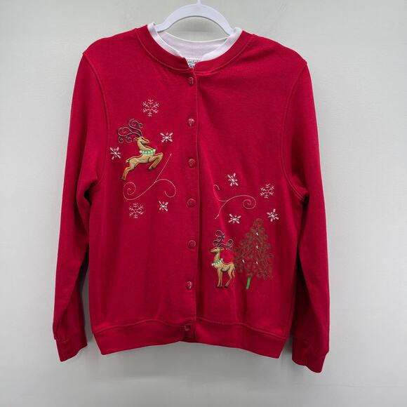 Vintage Hartfield Design Red Reindeer Snowflake Button Down Christmas Sweatshirt - Picture 1 of 5